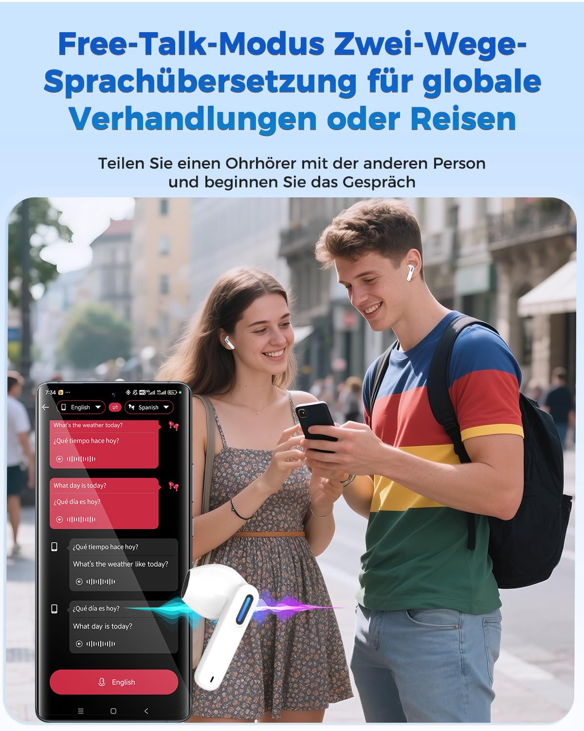 NE49 KI Übersetzungskopfhörer, 150+ Sprachen & 6 Modi Echtzeit Sprachübersetzer, Bluetooth 6.0 Kabellose Earbuds, 40h Akku, niedrige Latenz, AI-Chat, Musik, Anrufe, Transkription für Reisen & Business