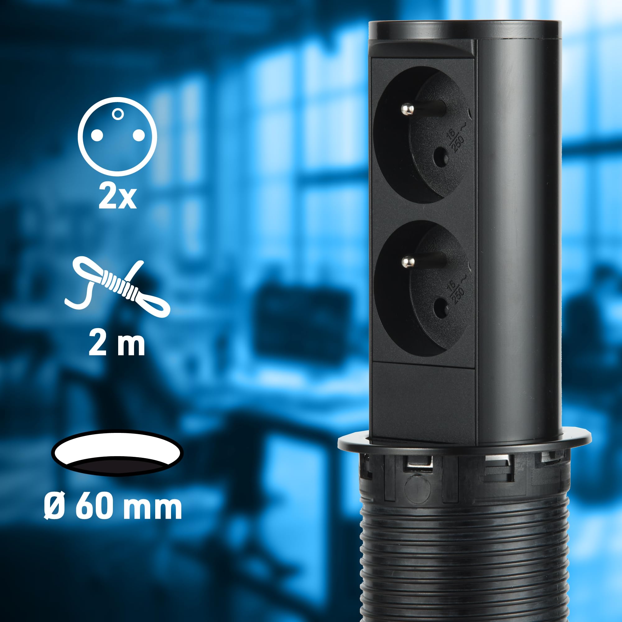 Electraline 35464 Listwa zasilająca zwijana z 2 gniazdami francuskimi, standardowa średnica 60 mm, gniazdo wpuszczane do kuchni i biura, obudowa ze stali nierdzewnej w kolorze czarnym