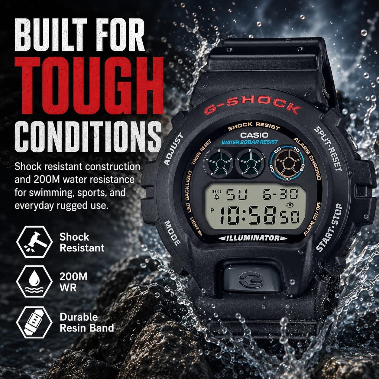 Casio G-Shock DW-6900U-1CR Classic Digital Watch Shock Resistant 200M Water Resistant LED Backlight 5-Year Battery
