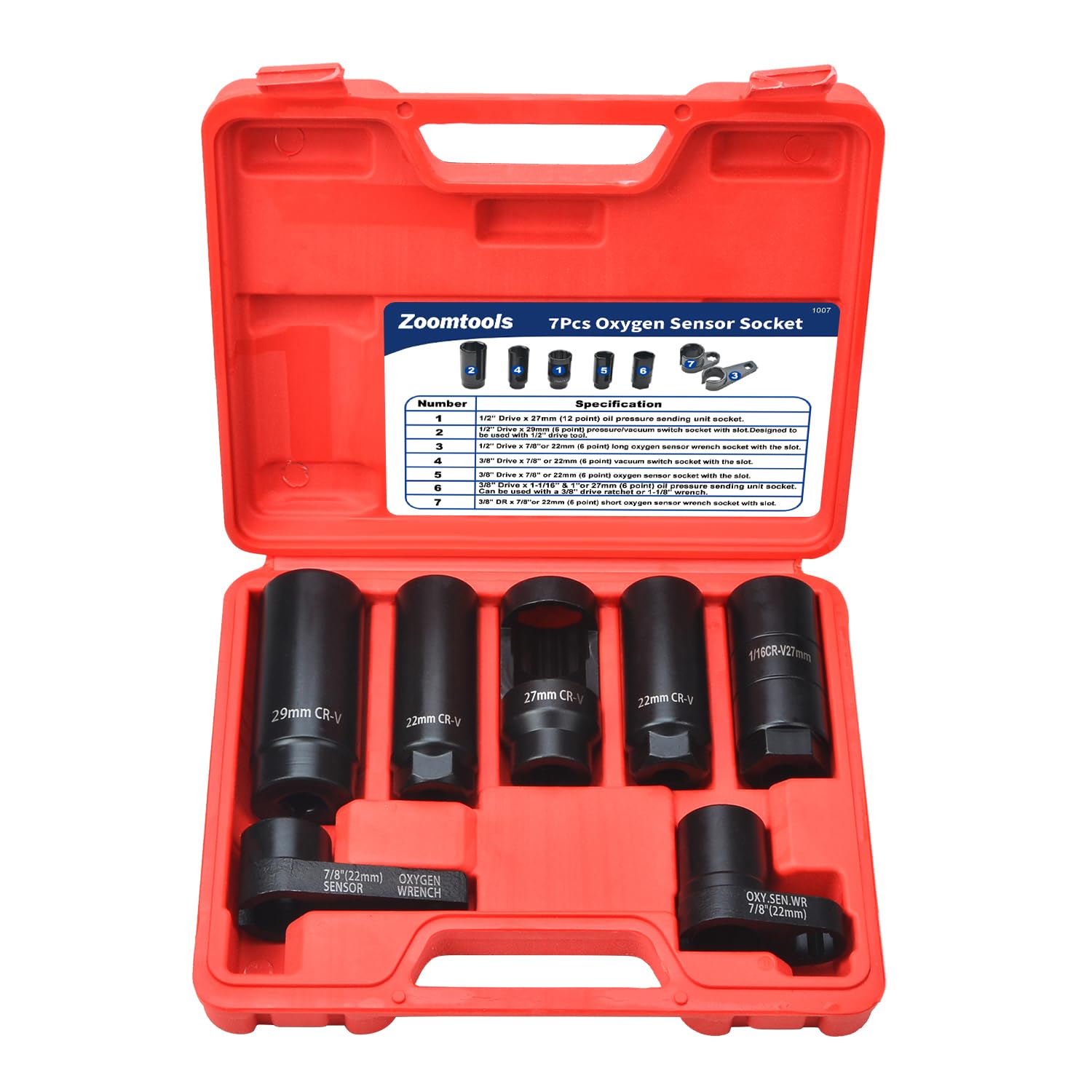 7Pcs Oxygen Sensor Socket Set, 22mm 27mm 29mm O2 Sensor Sockets, Lambda Sensor Socket Set 3/8"D, 1/2"D