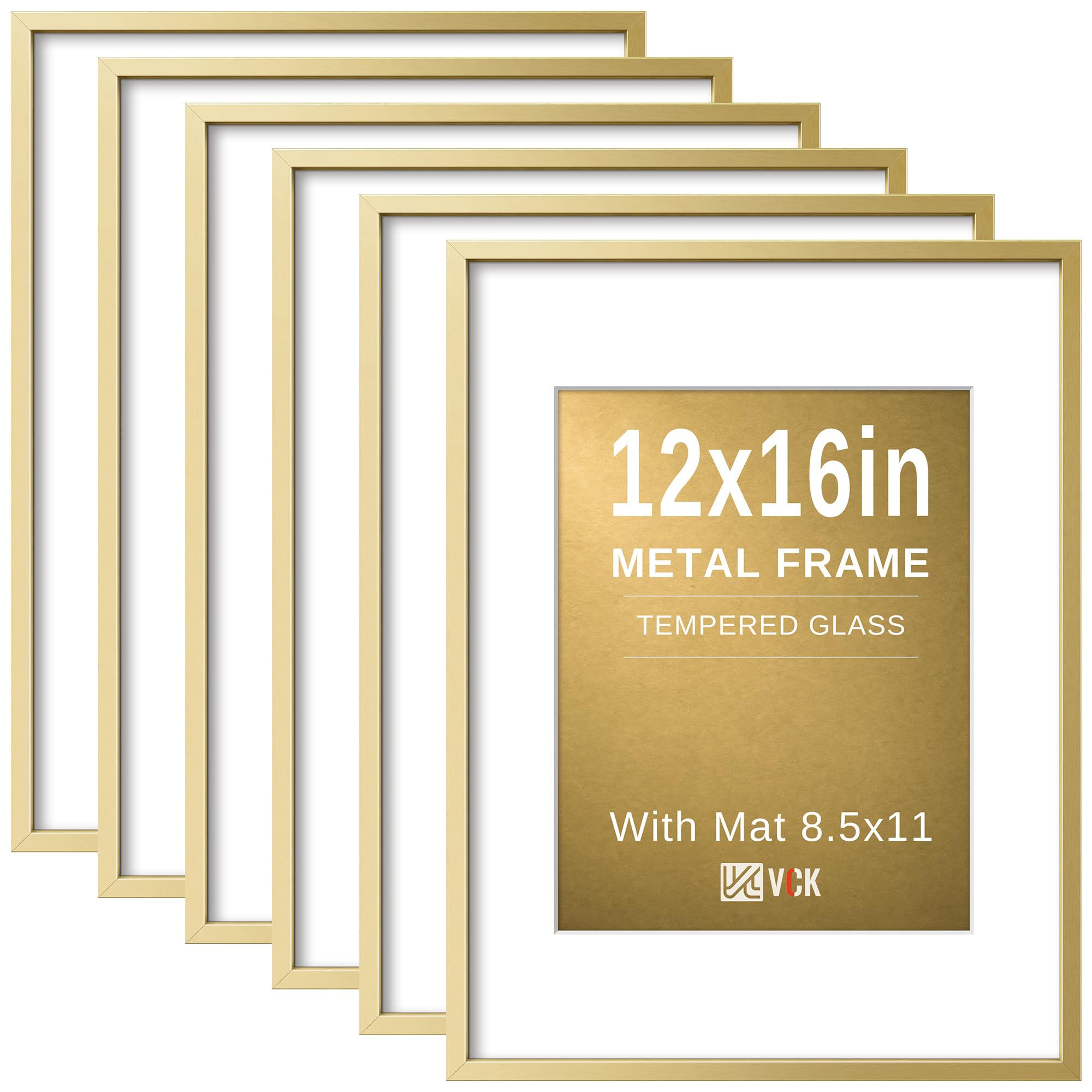 VCK 12x16 Frame Gold Metal, Real Glass, 8.5x11 Mat, Set of 6, for Picture