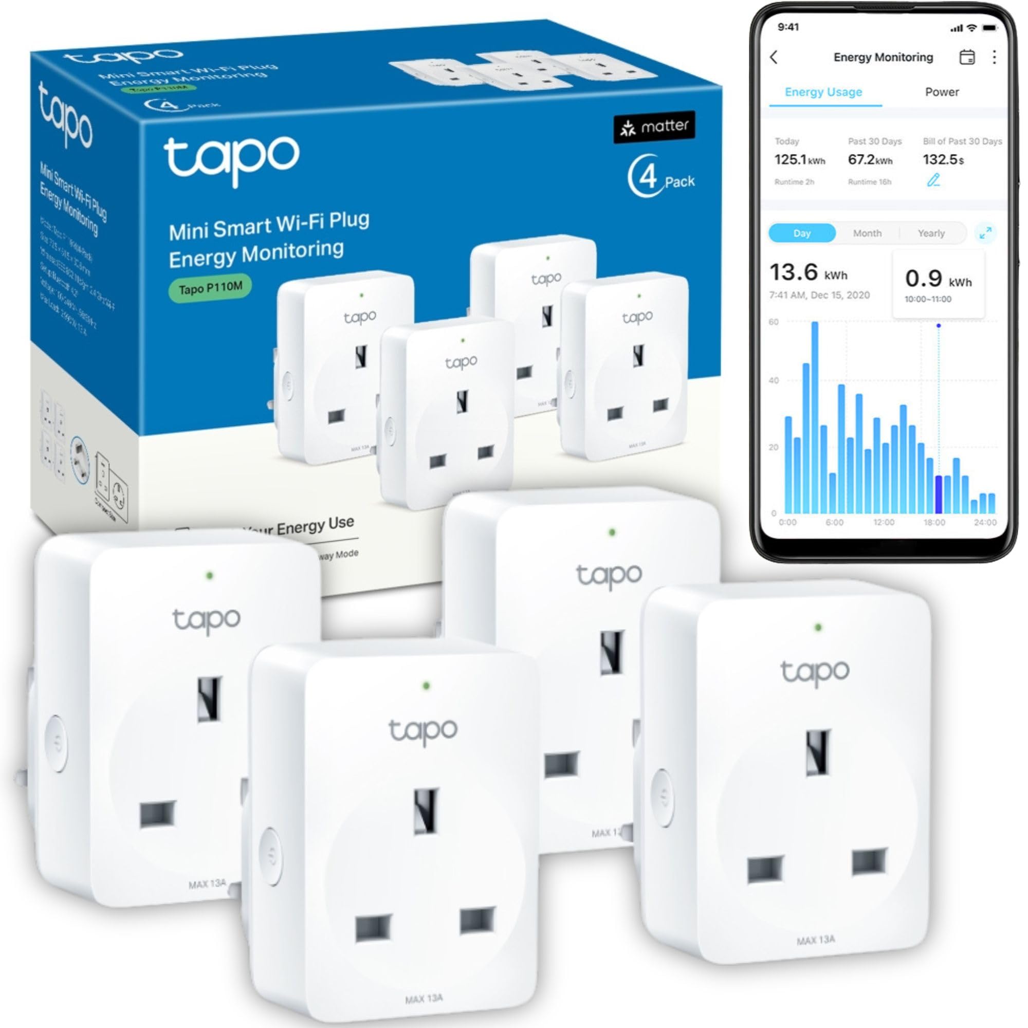 Tapo Tapo P110M (4-pack) Smart Plug, WiFi Plug, Energy Monitoring, Electricity Usage Monitor, MATTER Certified, App Remote Control, Alexa, Voice Control with Alexa & Google, Away Mode, Compact Design