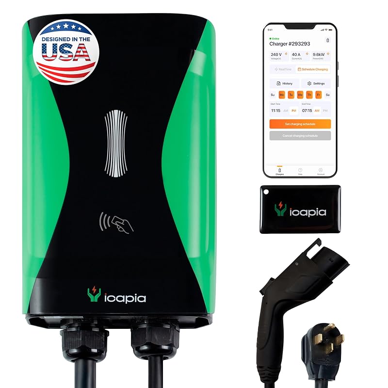 Estação de Recarga para Veículos Elétricos icapia Sapphire Pro Nível 2, 240 V 40 A, conector J1772, plugue NEMA 14-50, Wi-Fi, cabo de 7,62 m, verde