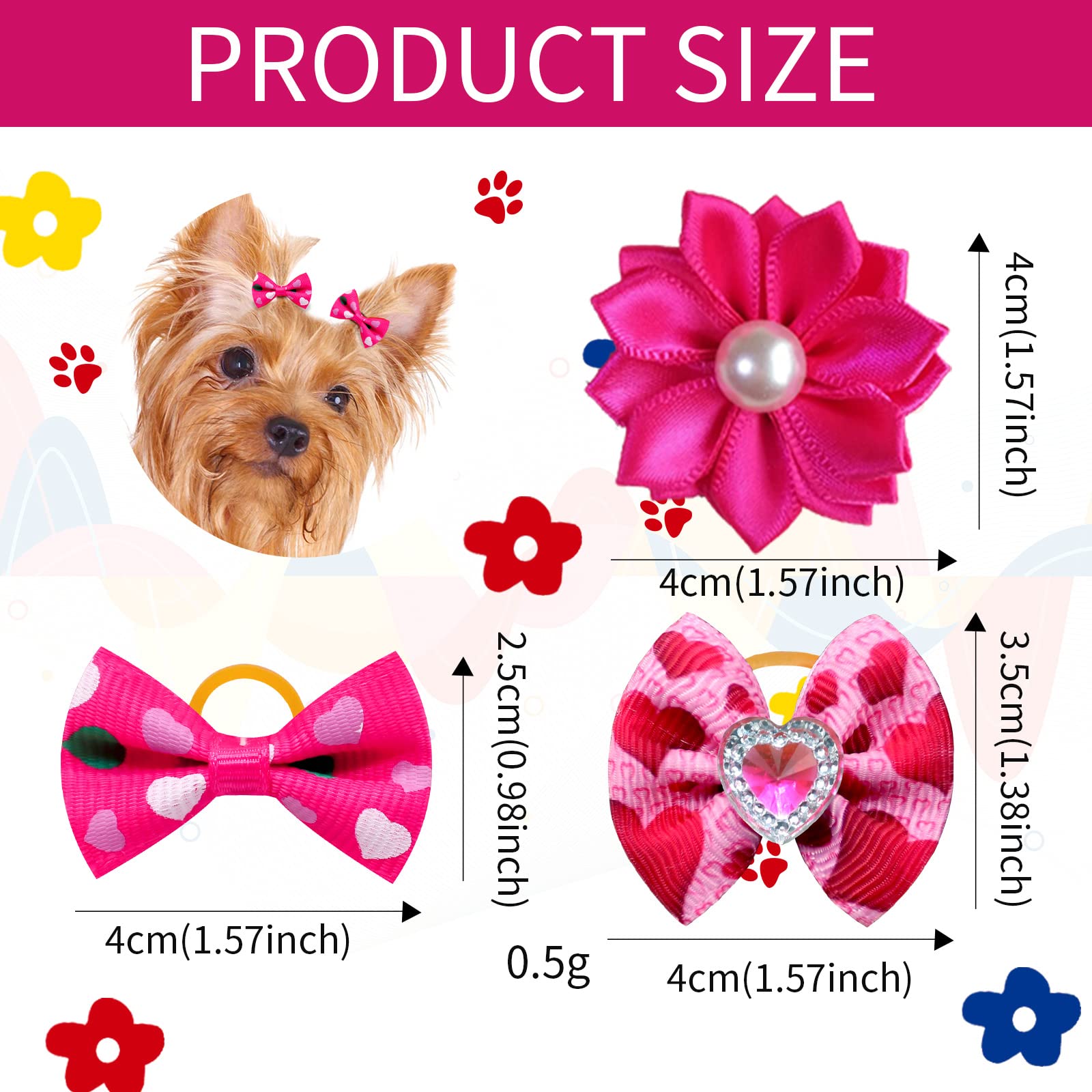 60 Hunde-Haarschleifen – 30 Muster Mit Gummiband – Für Kleine Hunde & Katzen – Bunt, Mit Glitzer & Spitze