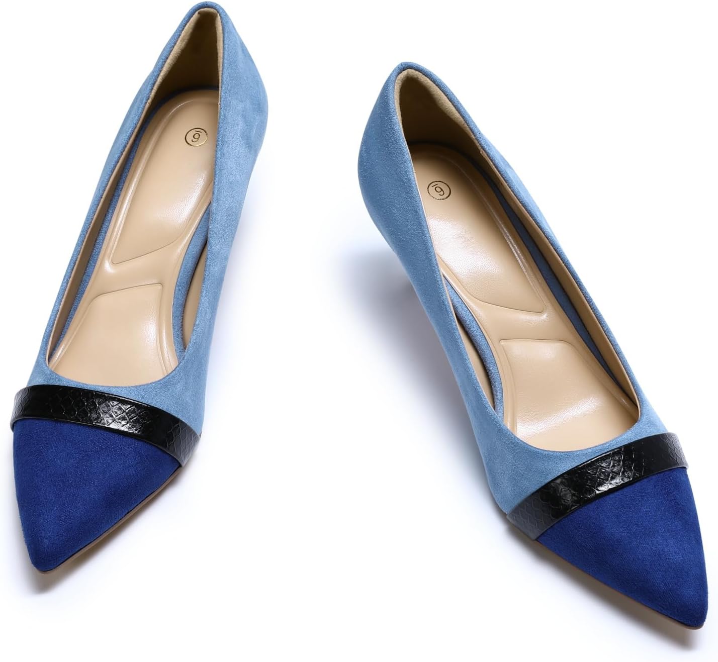 YYNUDA Women's Pointed Toe Kitten Heels Suede Color Block Pumps Office Wedding Party Low Stiletto Heel Dress Shoes 2 Inches