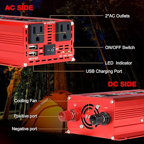 Miniatura 2 de LVYUAN, inversor de corriente para coche de 500 W, 12 V CC a 110 V CA con 2 enchufes de EE. UU., encendedor de cigarrillos, pantalla LCD, puertos