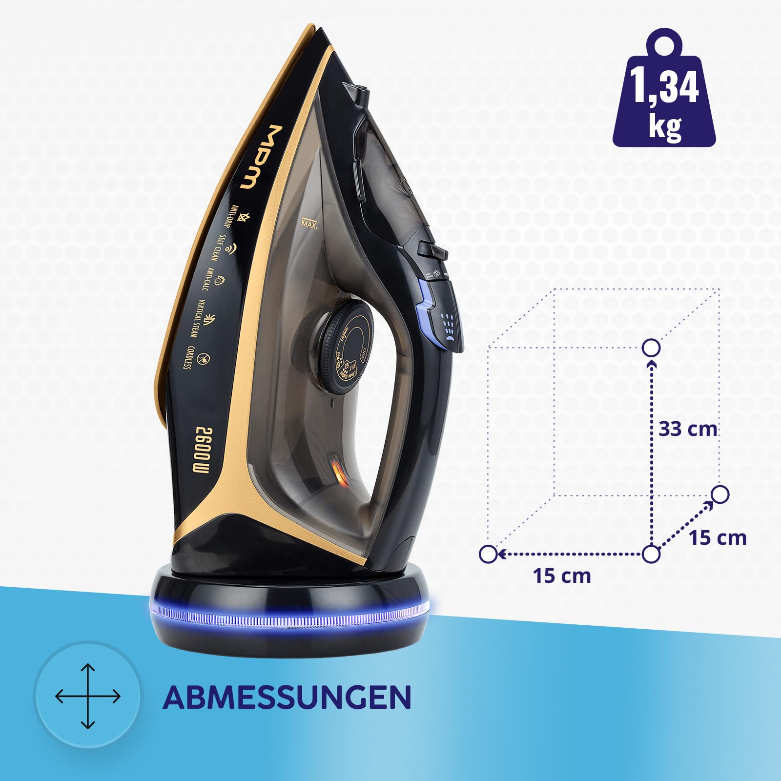 MPM Dampfbügeleisen Kabellos mit Keramischer Bügelsohle MZE-26-2600W - Anti-Drip - Self-Clean - LED-Anzeige - 2 Betriebsmodi - Kabellos und Mit Kabel
