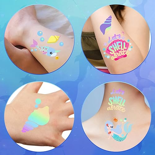 Miniatura 5 de Kit de tatuaje temporal de sirena, 32 estilos de tatuajes falsos de media manga completa, calcomanía de color degradado para niños, suministros de