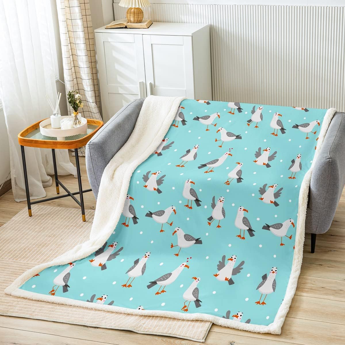 Loussiesd Kids Seagull Throw Blanket Cute Ocean Animal Sherpa Blanket for Girls Boys Teal Blue Marine Sea Bird Fleece Blanket White Polka Dots Fuzzy Plush Blanket 40x50 Inch