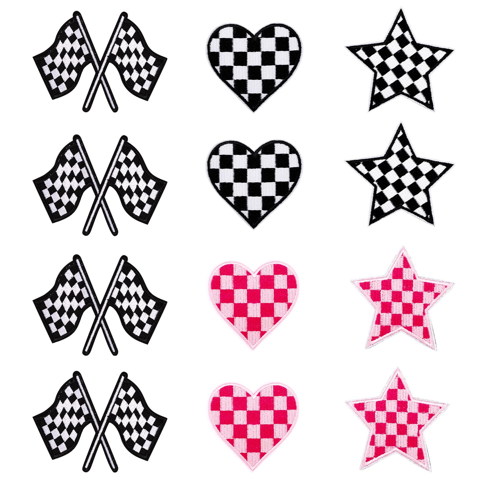 12pcs Racing Patches, Classic Check Decorative Sew Iron On Patches Embroidered Black and White Patch Appliques for Clothes, Jeans, Backpacks, Hats (Flag + Heart + Star)