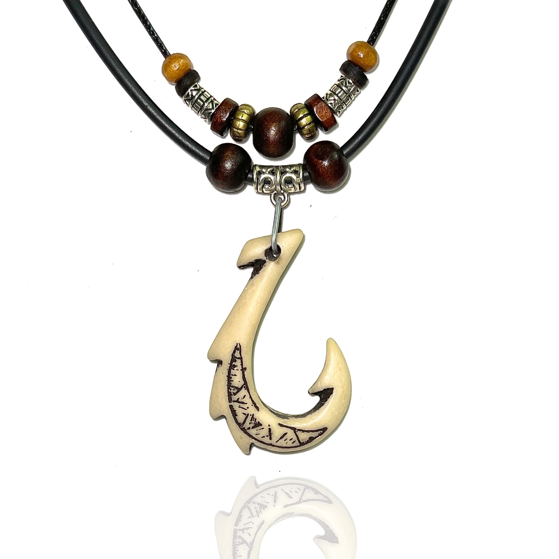 LAVIP LeatherLAVIP Double Layers Fish Hook Pendant Hemp Cord Chain Maori Tribal Hawaiian Necklace (White-A)