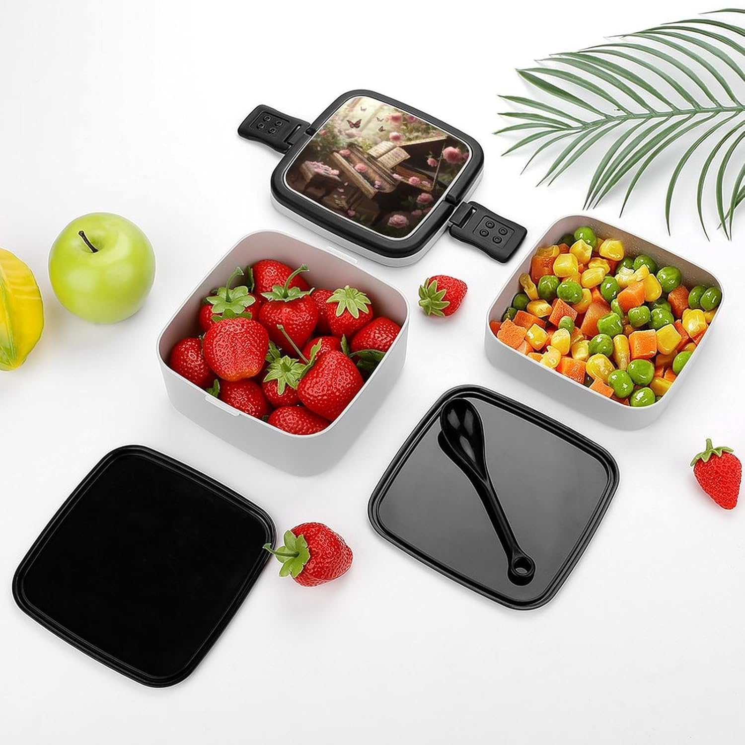 Piano Floral Gothic Flower Bento Box with Spoon 2 Layer Food Container Cute Lunch Box for Travel Dining Work