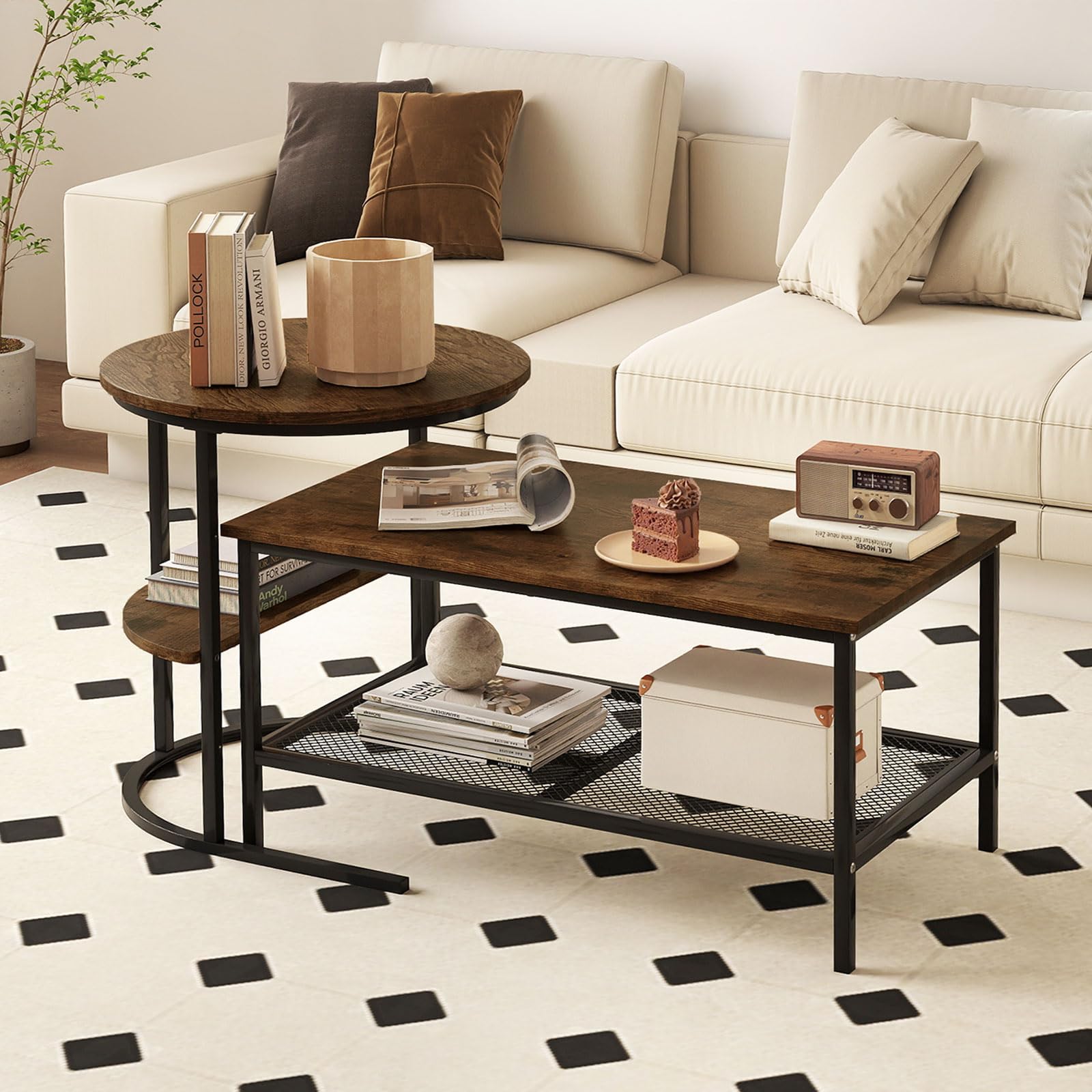 COSTWAY Juego de Mesa de Café 2 en 1, Mesa Redonda y Juego de Mesita Rectangular con Tapa de Mármol Sintético y Estante de Almacenamiento Adicional, para Sala de Estar, Dormitorio (Negro y Marrón)