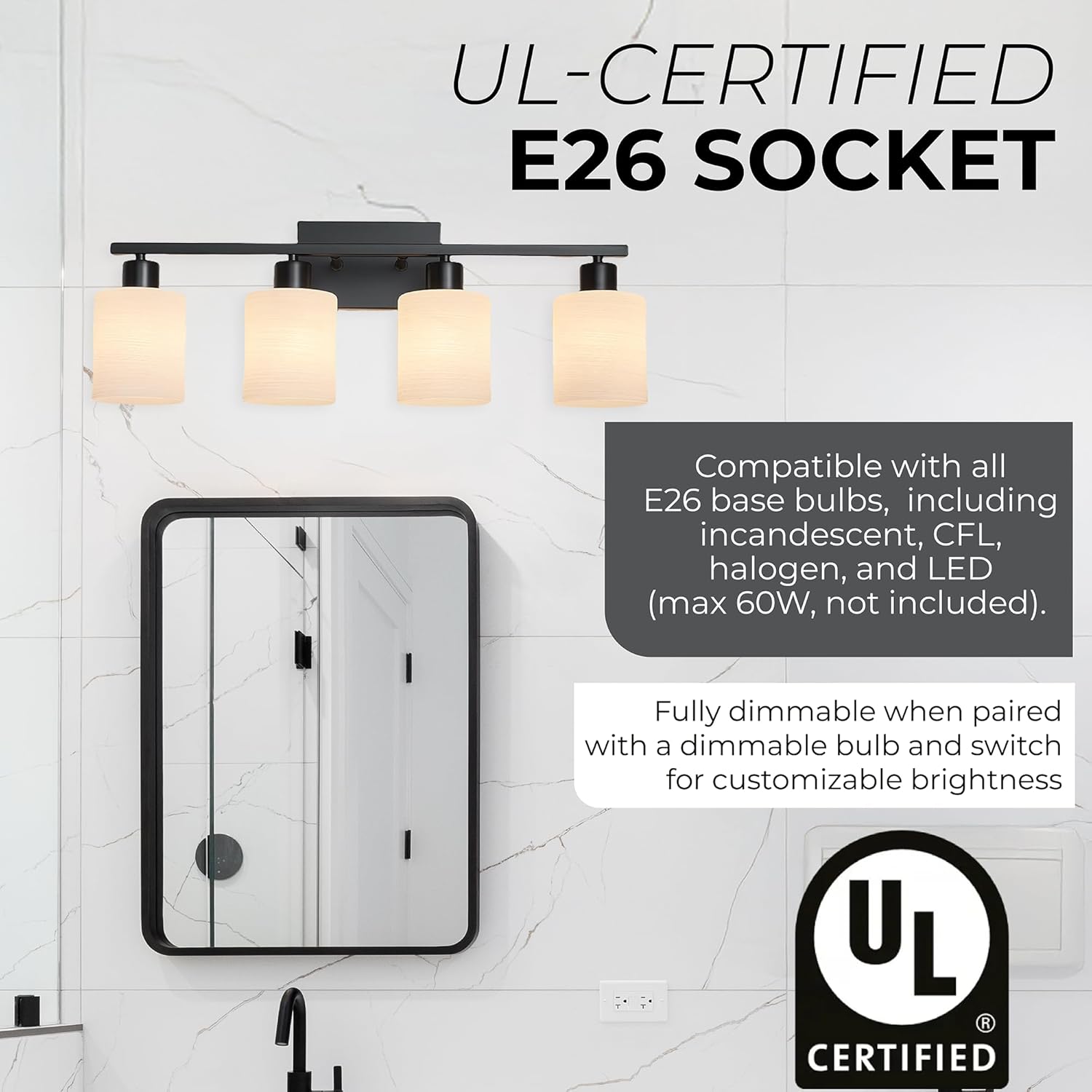 The Door Bull Modern Bathroom Vanity Light, Milky White Glass Shades, Wall Sconce for Bedroom & Living Room, E26 Socket, Over Mirror Lighting Fixture (Matte Black, 4 Lights)