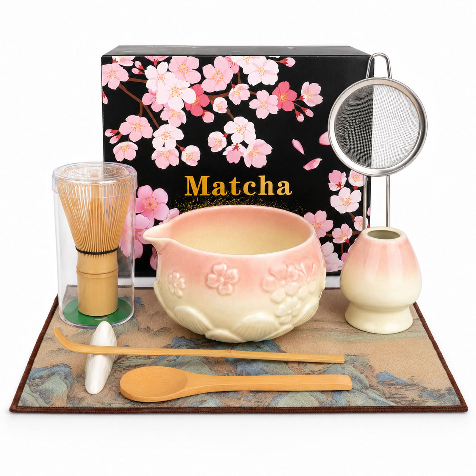 Matcha Set 8 Piece β Matcha Starter Kit with 550ml Ceramic Matcha Bowl with Spout & Sakura Embossed Design, Bamboo Matcha Whisk (Chasen), Sifter, Whisk Holder, Scoop & Mat β Pink Matcha Tea Set Gift