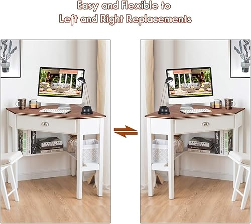 Miniatura 6 de Escritorio esquinero para computadora, mesa de esquina que ahorra espacio con cajón y estantes, estación de trabajo de esquina triangular de 90,