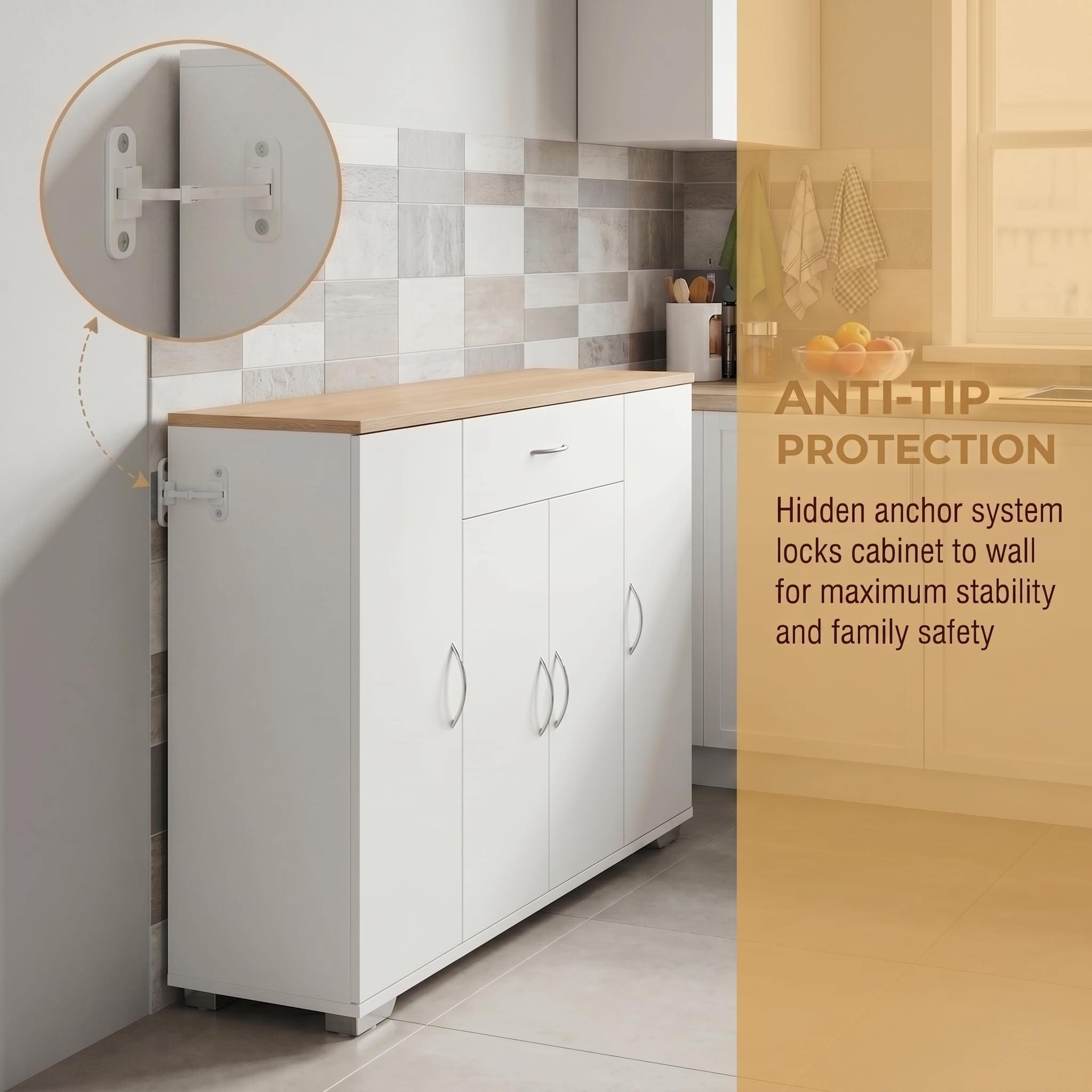 Buffet de Cuisine 110x30cm, Meuble de Rangement avec 4 Portes, 1 Tiroir, Étagères Réglables, Crédence Blanche avec Plateau en Chêne, pour Cuisine/Salle à Manger, 74cm de Haut
