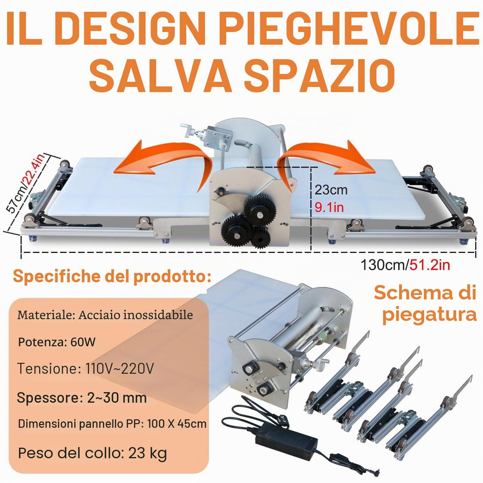 Macchina Sfogliatrice Elettrica Commerciale, Laminatrice, Spessore Regolabile 2~30 mm, Stendipasta Pieghevole in Acciaio Inox, per Panetteria, Croissant, Pizza e Casa