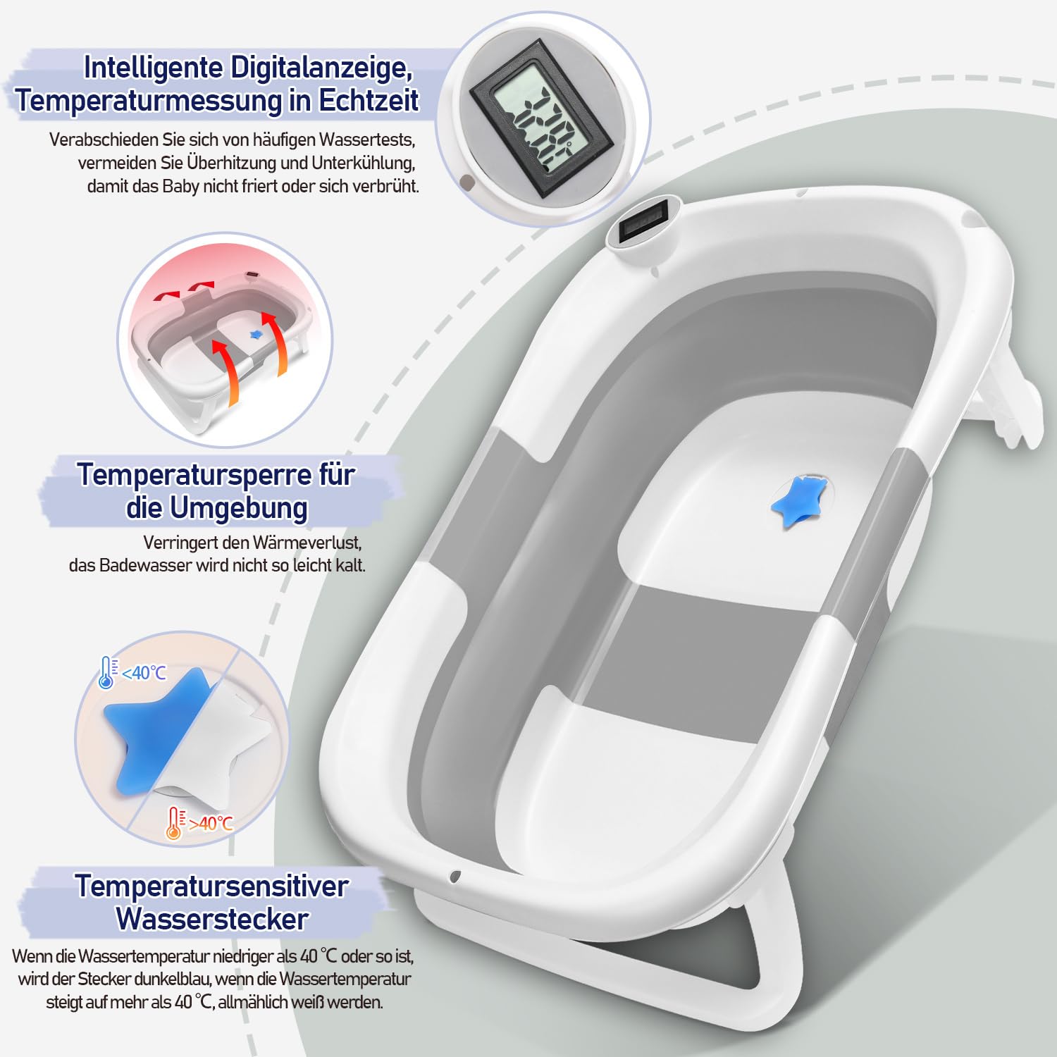 Daromigo Faltbare Babybadewanne, mit Thermometer, Baby Badewanne mit Weichem Badekissen,Rutschfestem Ständer, Platzsparend, für Neugeborene Monate, Grau