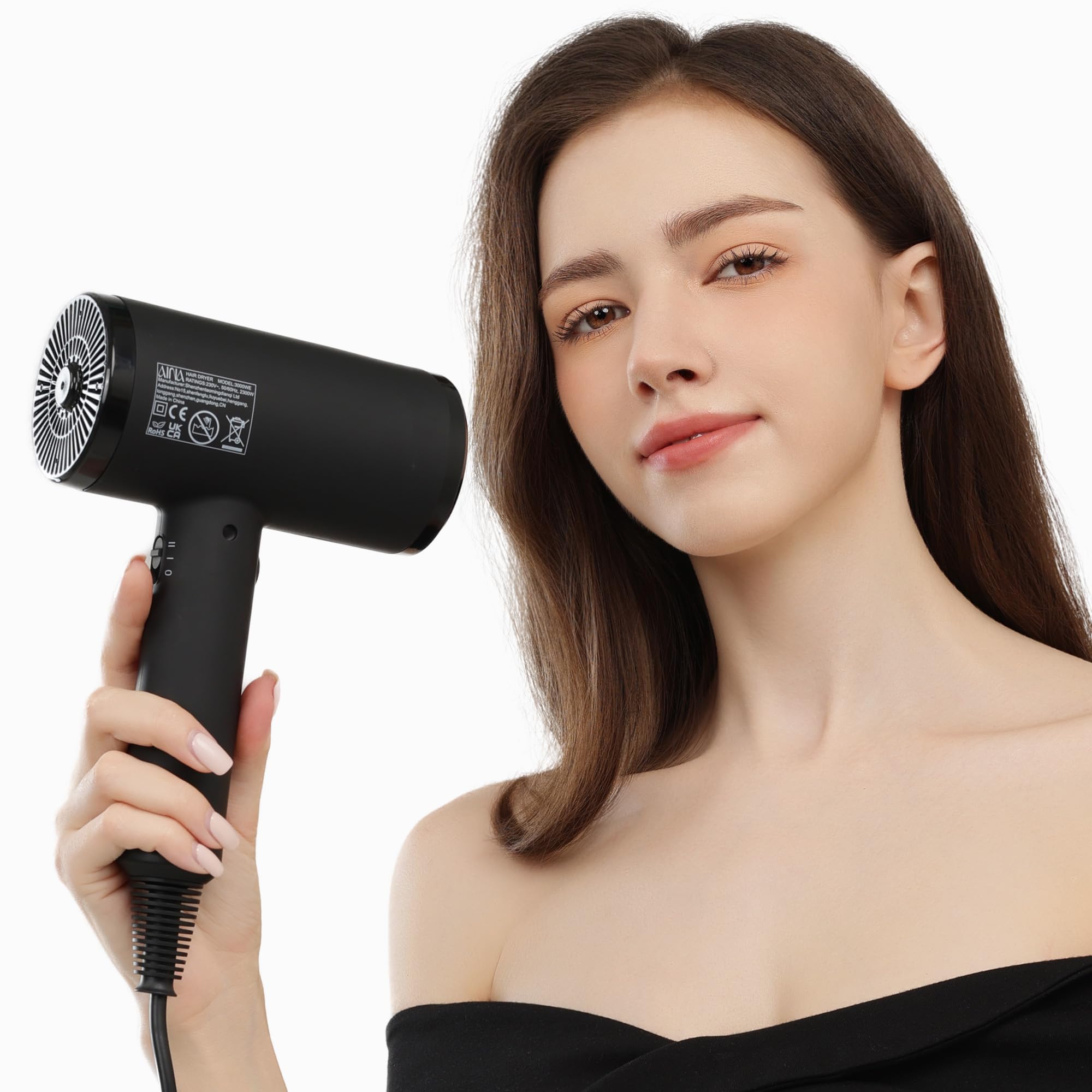 AINA Professioneller Haartrockner (neue Tech)2300W Föhn mit Diffusor,Bürstenkamm für Frauen | BLDC Bürstenloser Motor 150.000 U/min | Ionic | LED-Anzeige | 4 magnetische Aufsätze 230V/EU(Schwarz)
