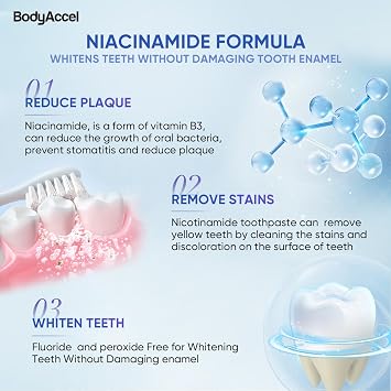 BodyAccel Niacinamide Whitening Toothpaste, Brightens and Whitens Teeth, Stain Removal Natural Gentle, Fresh Breath