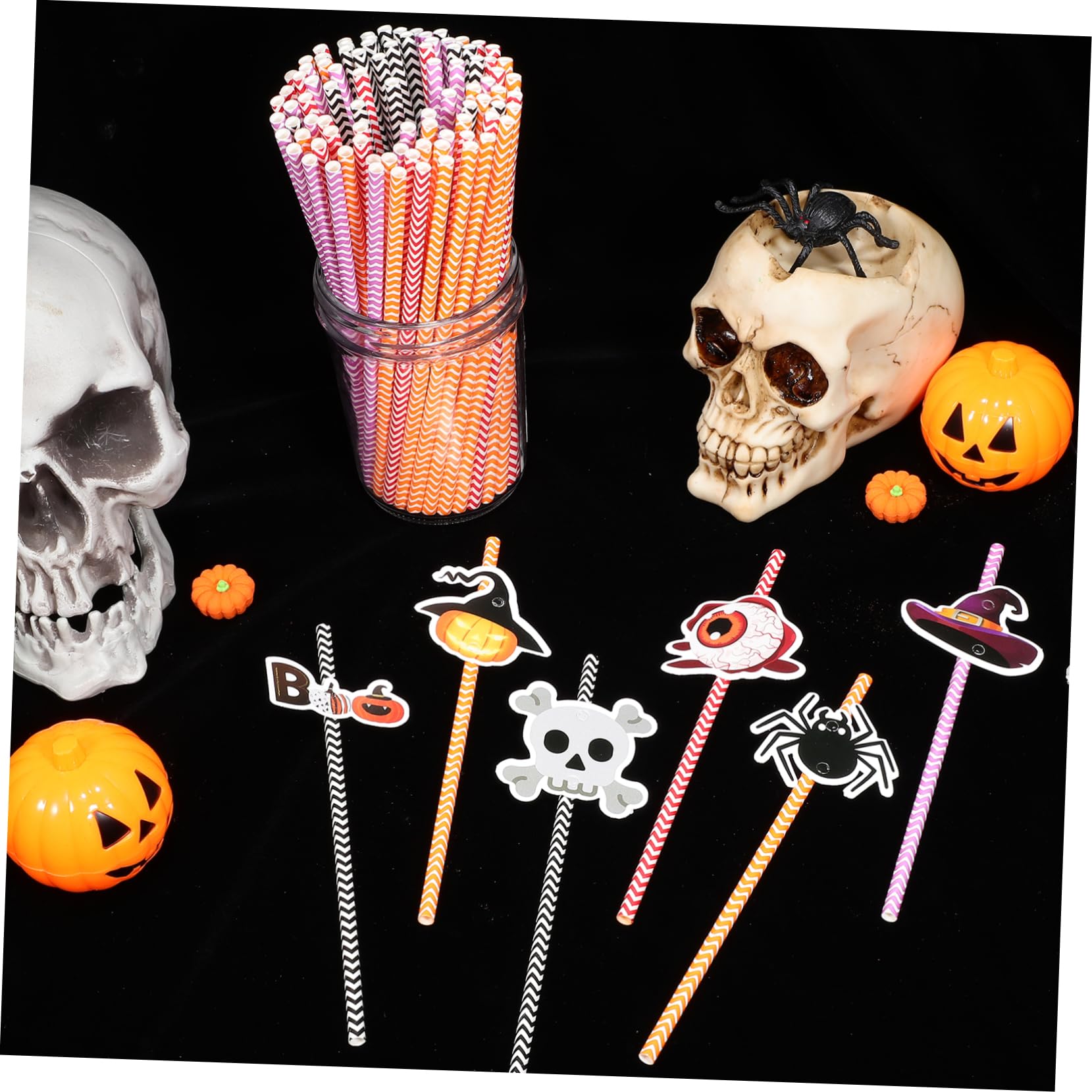 COLLBATH 6 Confezioni Cannucce di Halloween Stampa Colorata Righe Cannucce di Carta per Feste Elementi di Halloween come Ragni Teschi Bulbi Oculari Luci di Zucca e Cappelli da Strega