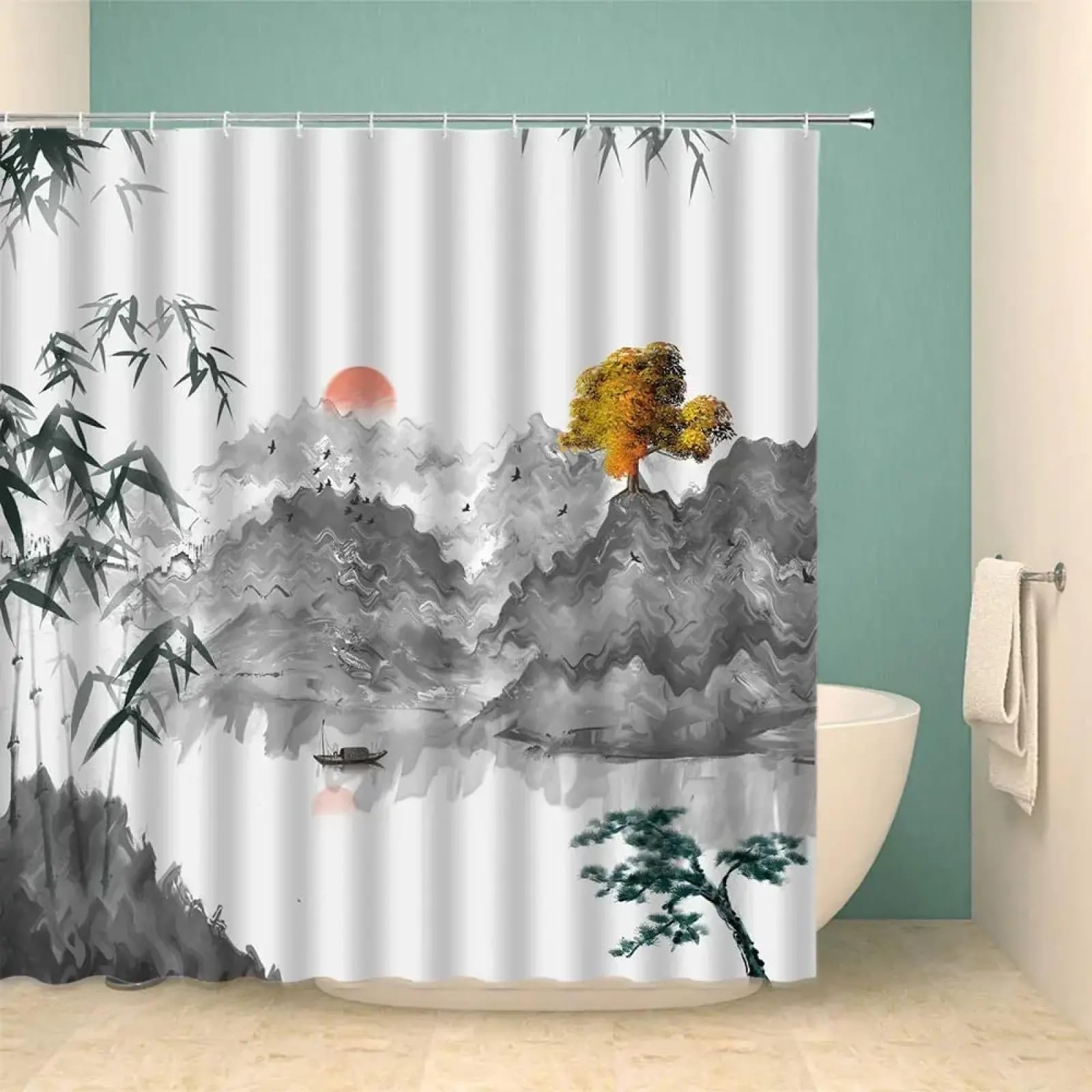 Rideau de douche tissu gris 143x183 avec crochets motif soleil et peinture chinoise