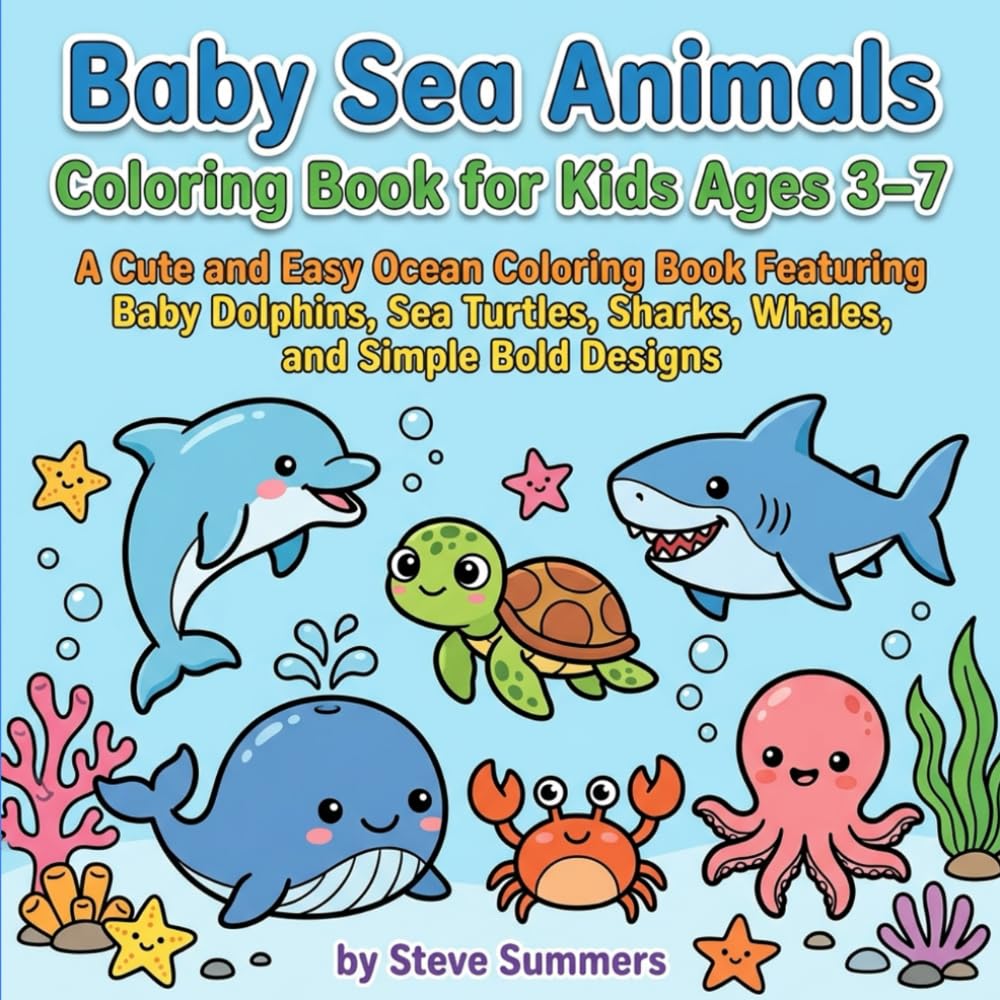 Baby Sea Animals Coloring Book for Kids Ages 3–7: A Cute and Easy Ocean Coloring Book Featuring Baby Dolphins, Sea Turtles, Sharks, Whales, and Simple Bold Designs