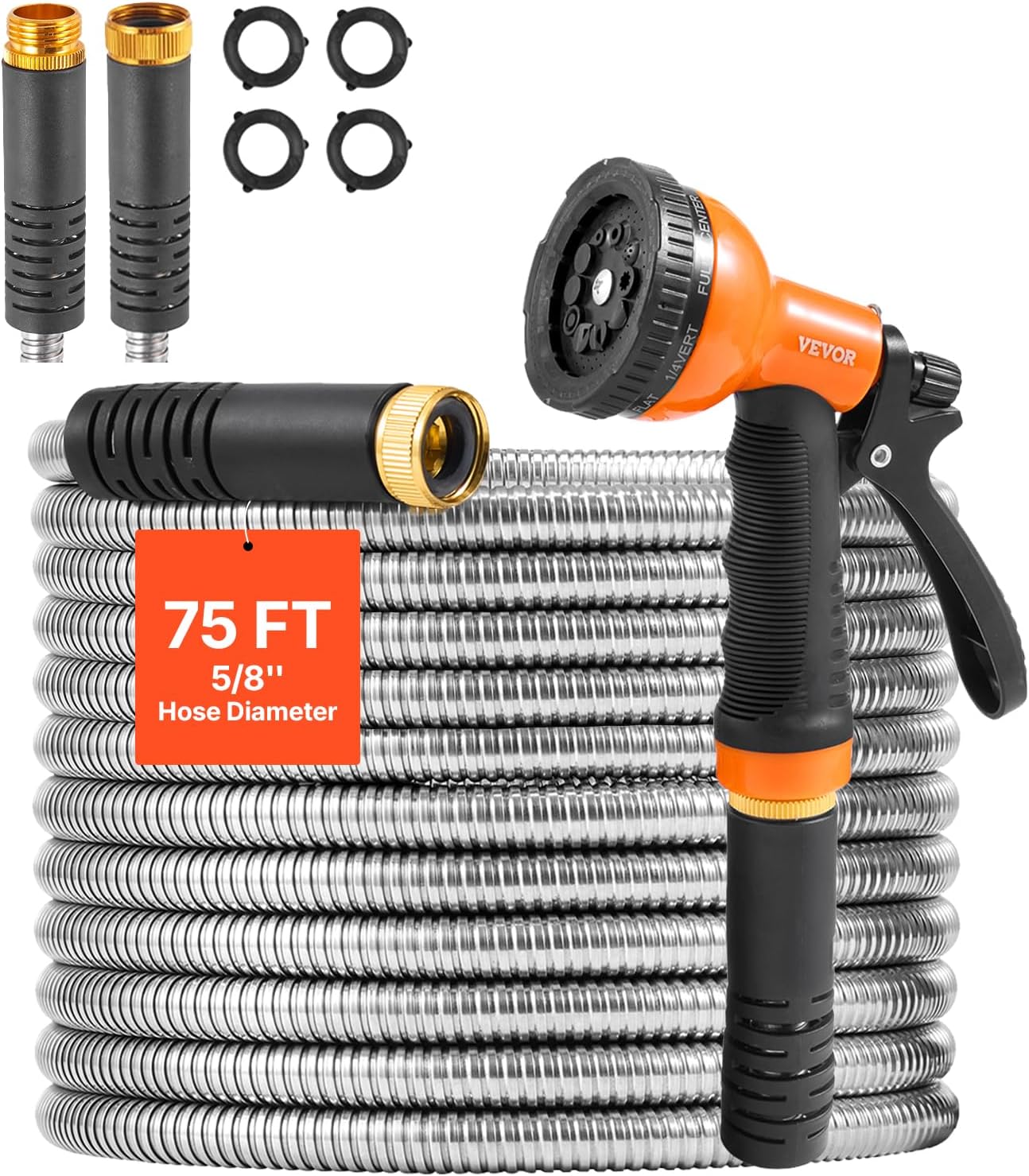 VEVOR Garden Hose Metal 75 ft, Rust Proof Stainless Steel Water Hose, Heavy Duty Backyard Hose with 10 Function Nozzle, No-Kink & Flexible Water Pipe, Lightweight Metal Hose for Yard, Outdoor