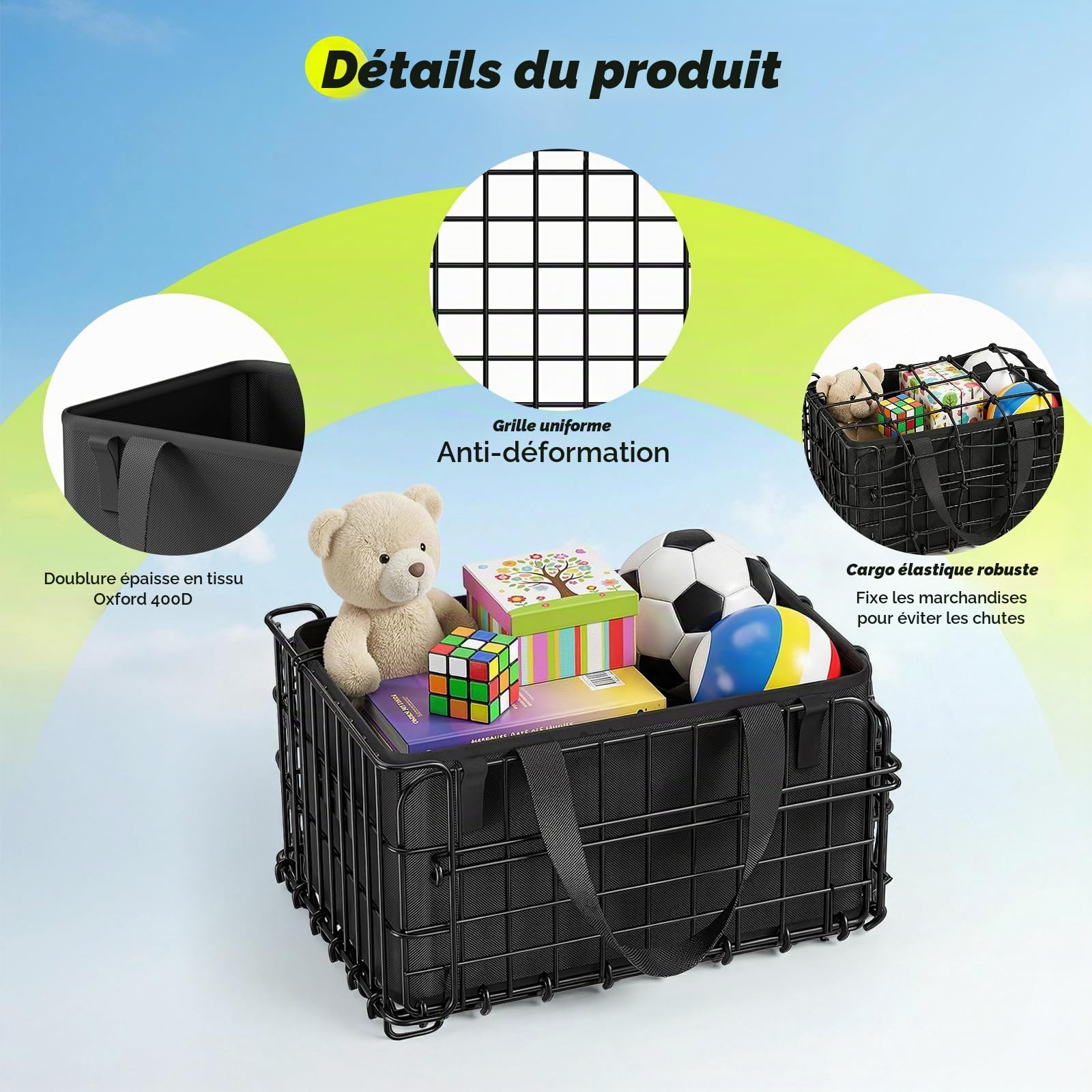 Panier de vélo arrière Pliable avec Poche intérieure Amovible, Housse imperméable, Couvercle en Filet, Porte-Bagages arrière, Panier de Cadre pour Le Transport des Animaux de Compagnie et des achats