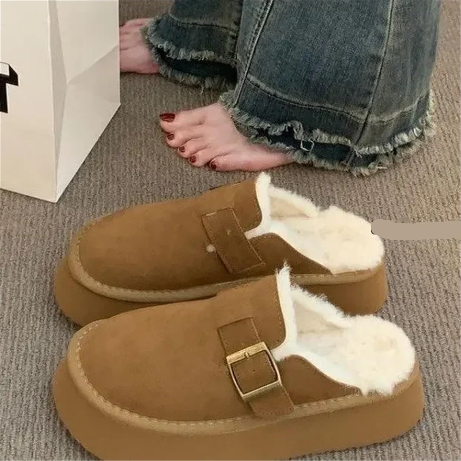 Zapatos Mujer Zuecos De Punta Redonda Calzado Femenino Zapatillas Tela Goma Invierno