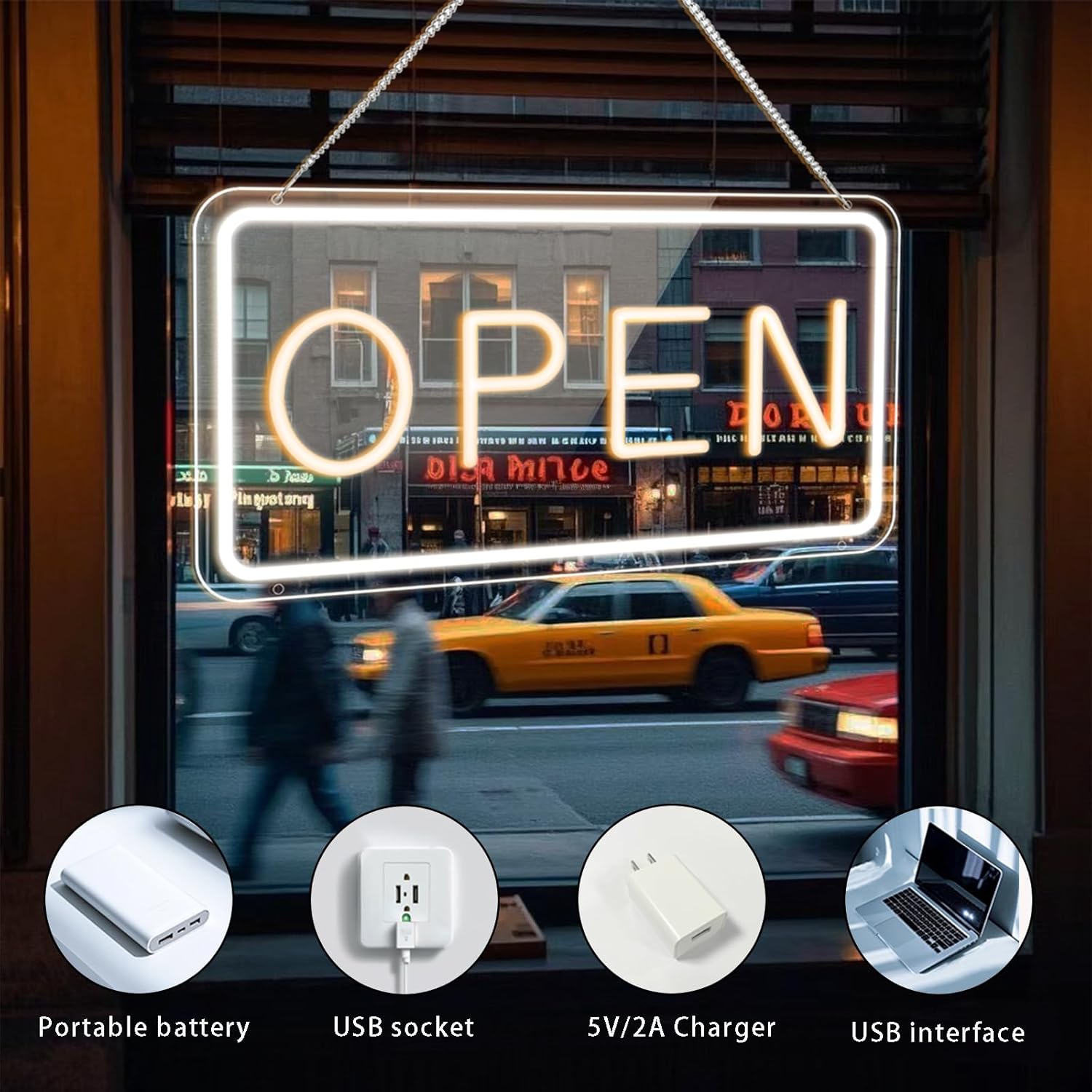 LED Open Signs for Business by USB,Adjustable Brightness Open Sign with ON/OFF Switch for Stores,Coffee Shop,Flower shop, Hotel,Bars, Window etc,16x9in,Warm White(Outside Edge Cool White)