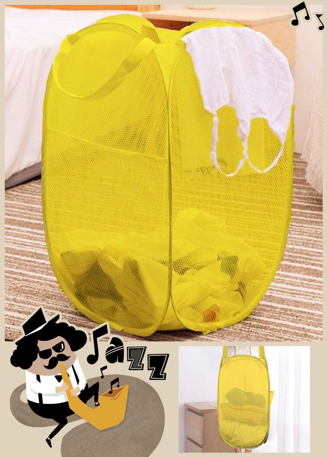 DurReus Portable Mesh Laundry Hamper with Large Pocket College Foldable Pop Up Clothes Basket Rectangle RV Organizer Bin Yellow