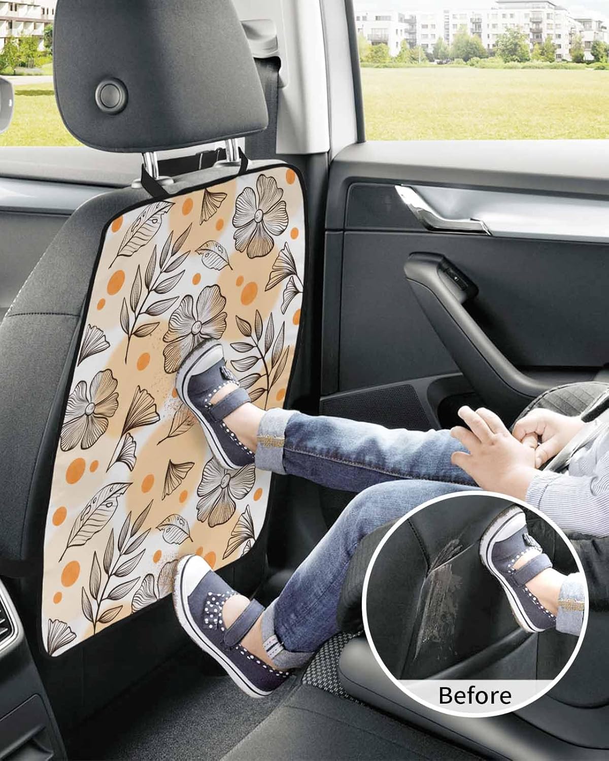 Car Seat Protector, 2 Pack Kick Mats Back Seat Protector Fall Thanksgiving Black Flowers Leaves Line Orange Polka Dot Waterproof Backseat Cover for Kids Universal Fit Automotive Interior Protectors