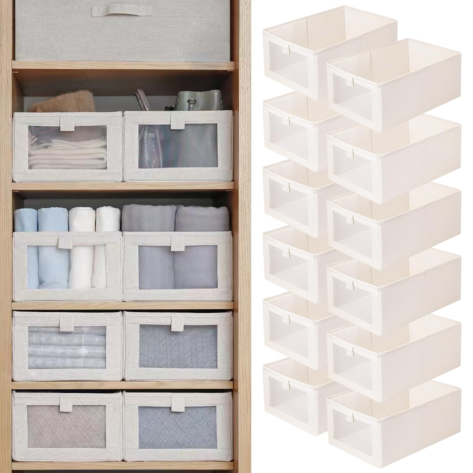 Leinen-Schrank-Organizer und Aufbewahrung, 12 Stück, Aufbewahrungskörbe aus Leinen für Schrank-Organisation, faltbare Schrank-Organizer mit transparentem Fenster zum Organisieren von Kleidung, Jeans