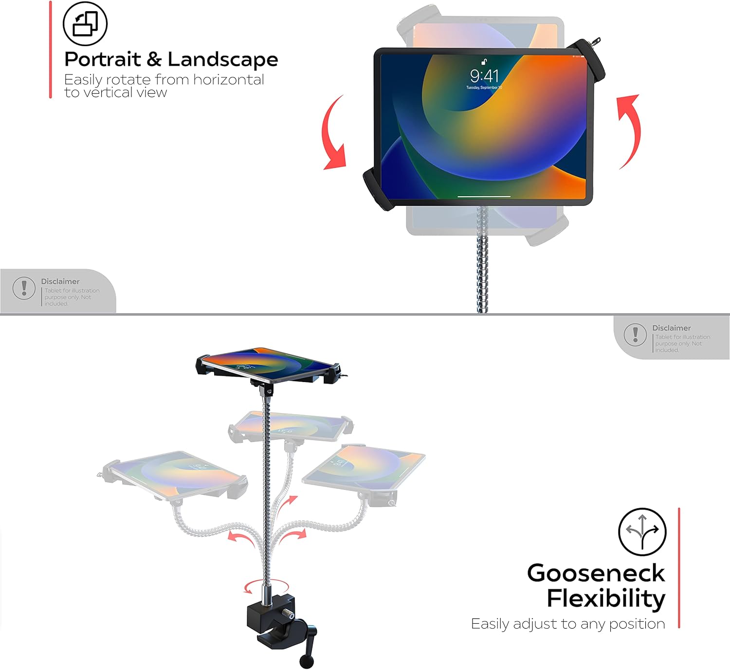 Tablet Gooseneck Desk Clamp Mount Holder – CTA Secure Anti-Theft Clamp Mount w/Universal Holder - iPad 10th Gen 10.9” - iPad 7/8 Gen 10.2” - Surface Pro 4 & 7.9 to 12.5” Tablets - Black - (PAD-HGTSB)