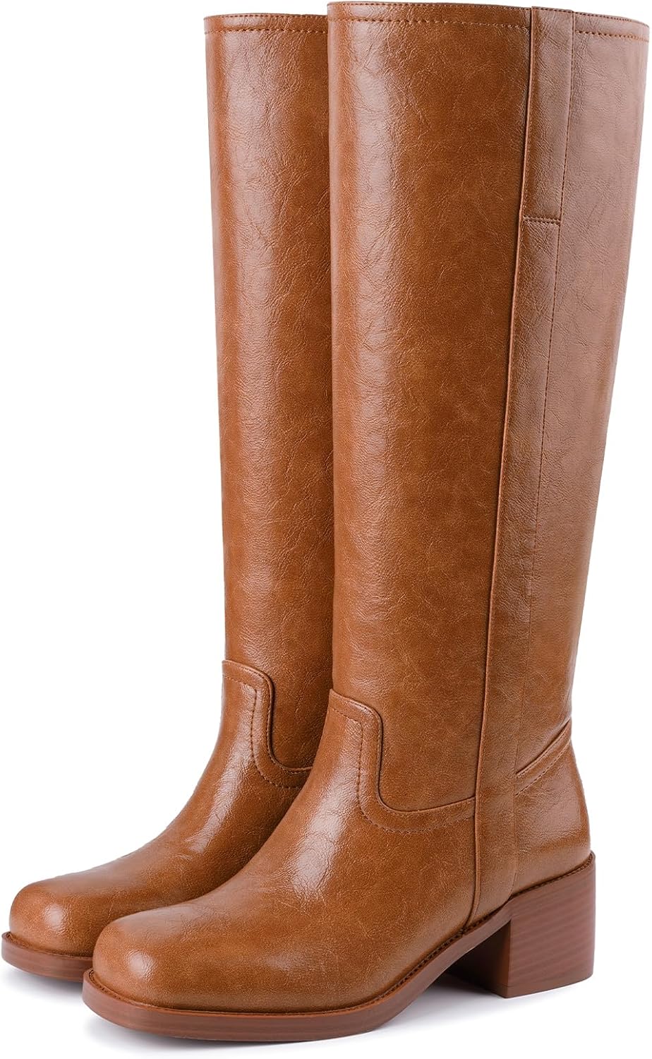 Gothictor Women's Brown Knee High Boots Square Toe Chunky Block Heel Comfortable Low Heel Pull on Wide Calf Riding Boot for Women Saddle Brown 7.5 - Image 4