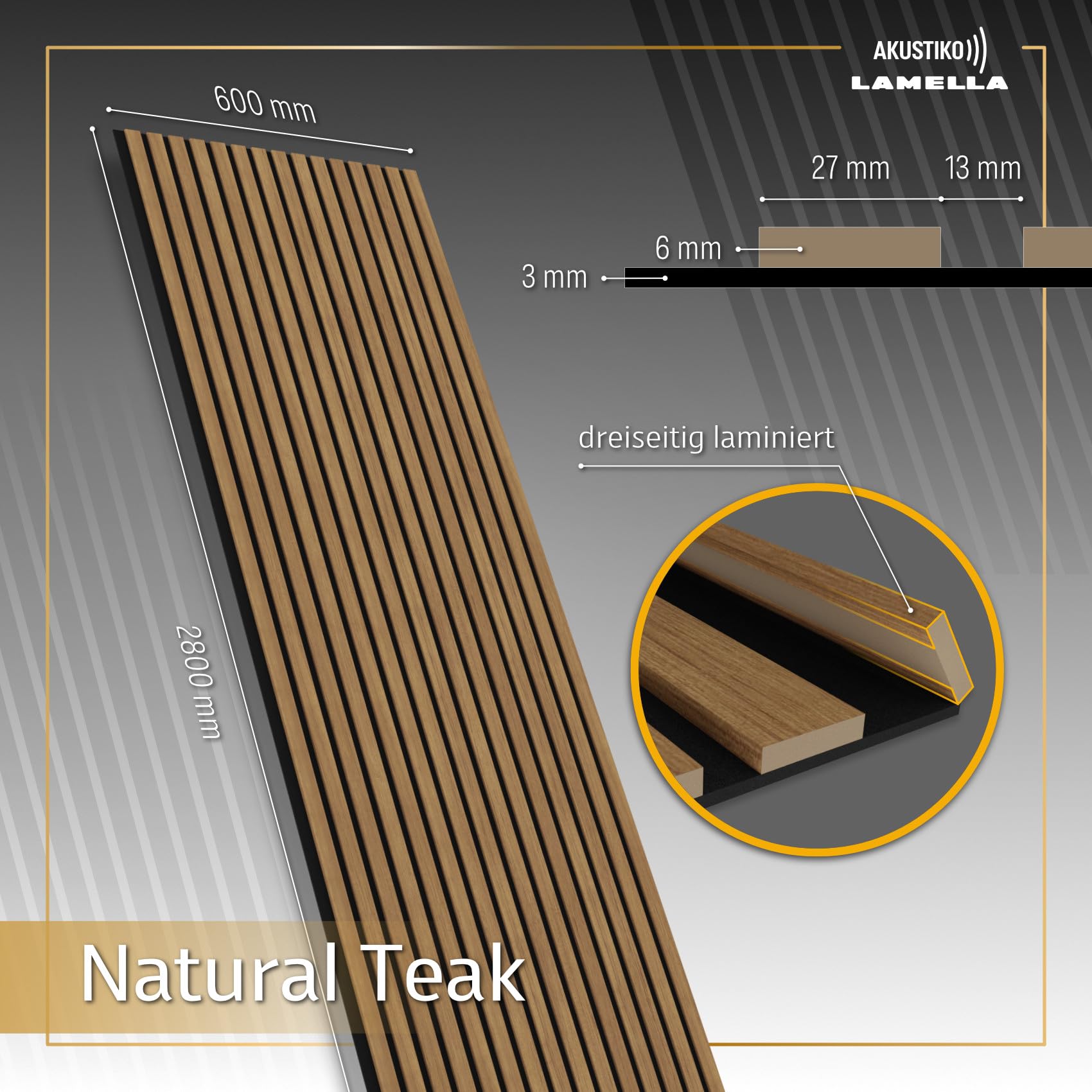 Akustiko Lamella Akustikpaneele 2 Stück 280x60cm - flexible Filz MDF Wandpaneele fugenlos - überlappende Holz Lamellenwand, Holzlamellen dünn - Akustik Wandverkleidung (3.36m² Natural Teak)