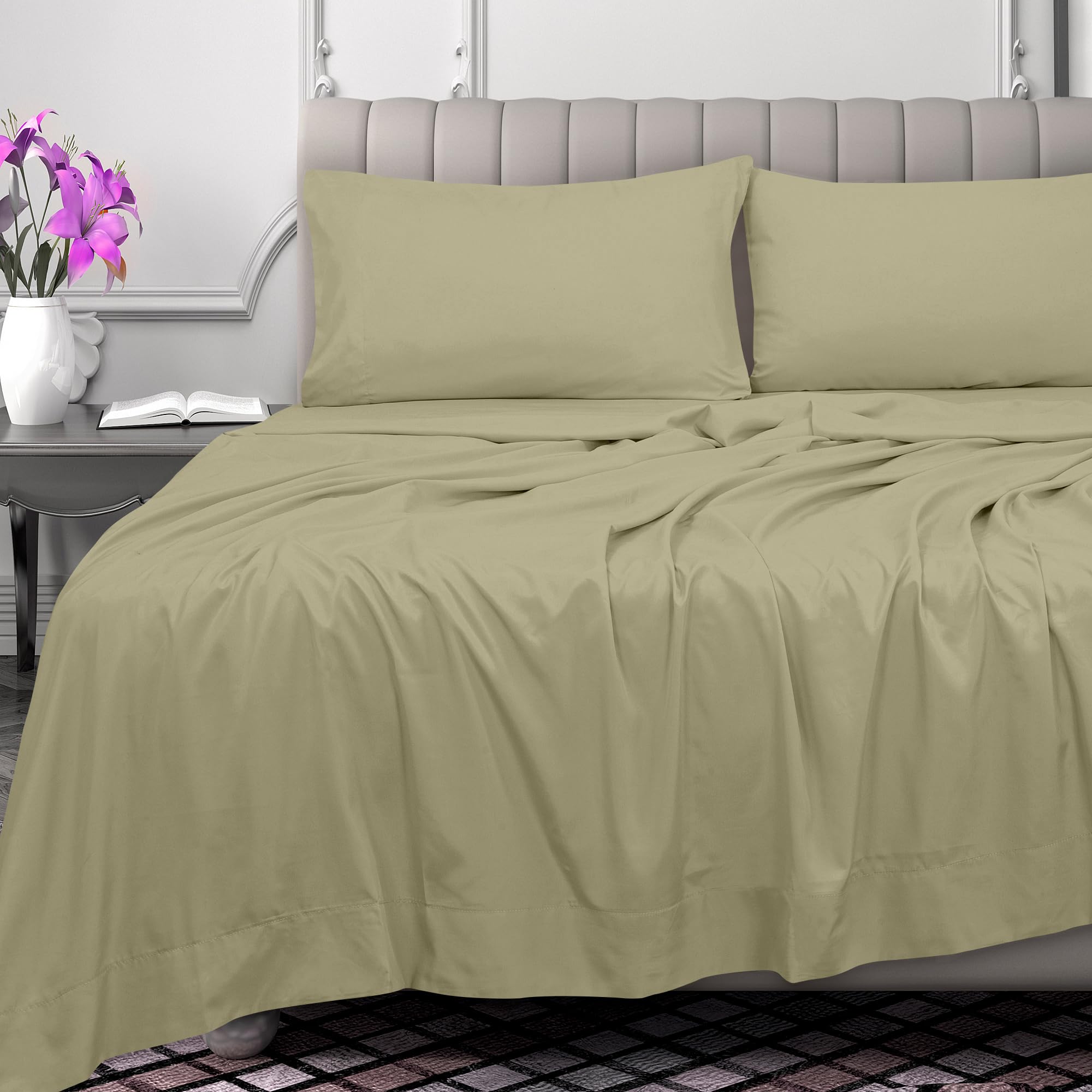 ROYALE LINENS 300 Thread Count 100% Long Staple Combed Cotton Flat Sheet - Super Soft - Top Sheet - Twin Flat Sheet Sold Separately - Breathable,Cool & Crisp (Twin, Sage Green)