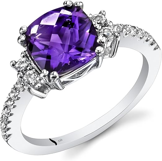 Peora Amethyst Ring for Women 14K White Gold with White Topaz, Genuine Gemstone Birthstone, Designer 2 Carats Cushion Cut 8mm, Sizes 5 to 9