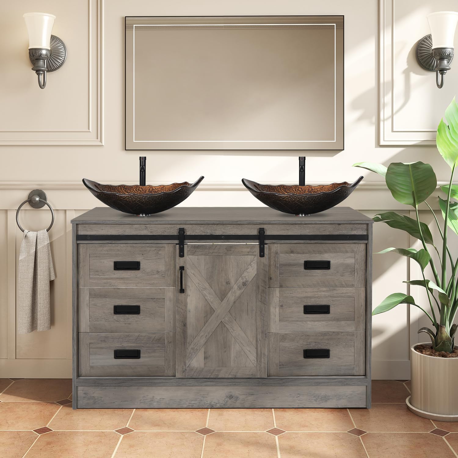 Front view of the 48-inch barn door bathroom vanity with two brown leaf glass vessel sinks installed.