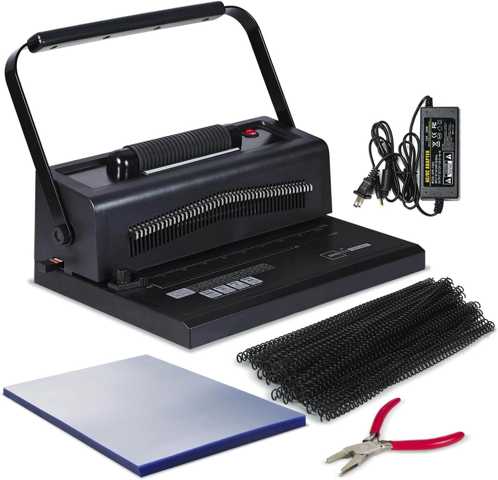 Binditek Spiral Binding Machine, Manual Punch & Electric Coil Inserter, 46 Disengageable Dies, Adjustable Side Margin, with 100 Pack 8Mil PVC Covers, 100 Pack 5/16'' Coils and Plier
