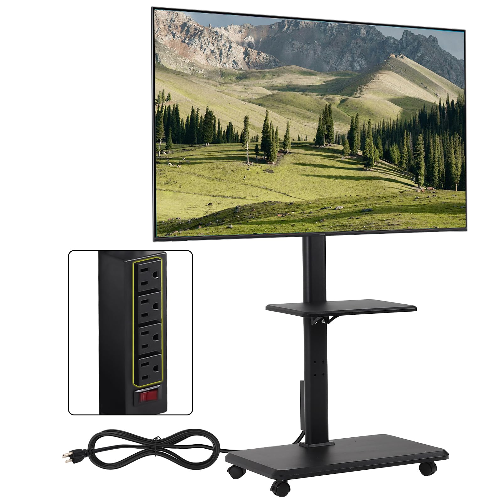 FAHKNS Mobile TV Stand with Power Outlet, Rolling TV Cart on Wheels, Mobile TV Cart for 32-70 inch TVs up to 88 lbs, Height Adjustable Portable TV Stand on Wheels, Black