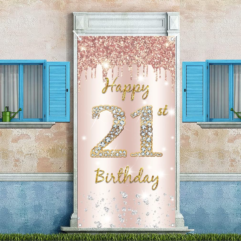 21. urodziny dziewczyna dekoracja, Happy 21st Birthday Door baner różowe złoto, 21. urodziny materiał szyld szyld plakat dekoracja drzwi, 21. urodziny tło baner, przyjęcie urodzinowe tabliczka powitana