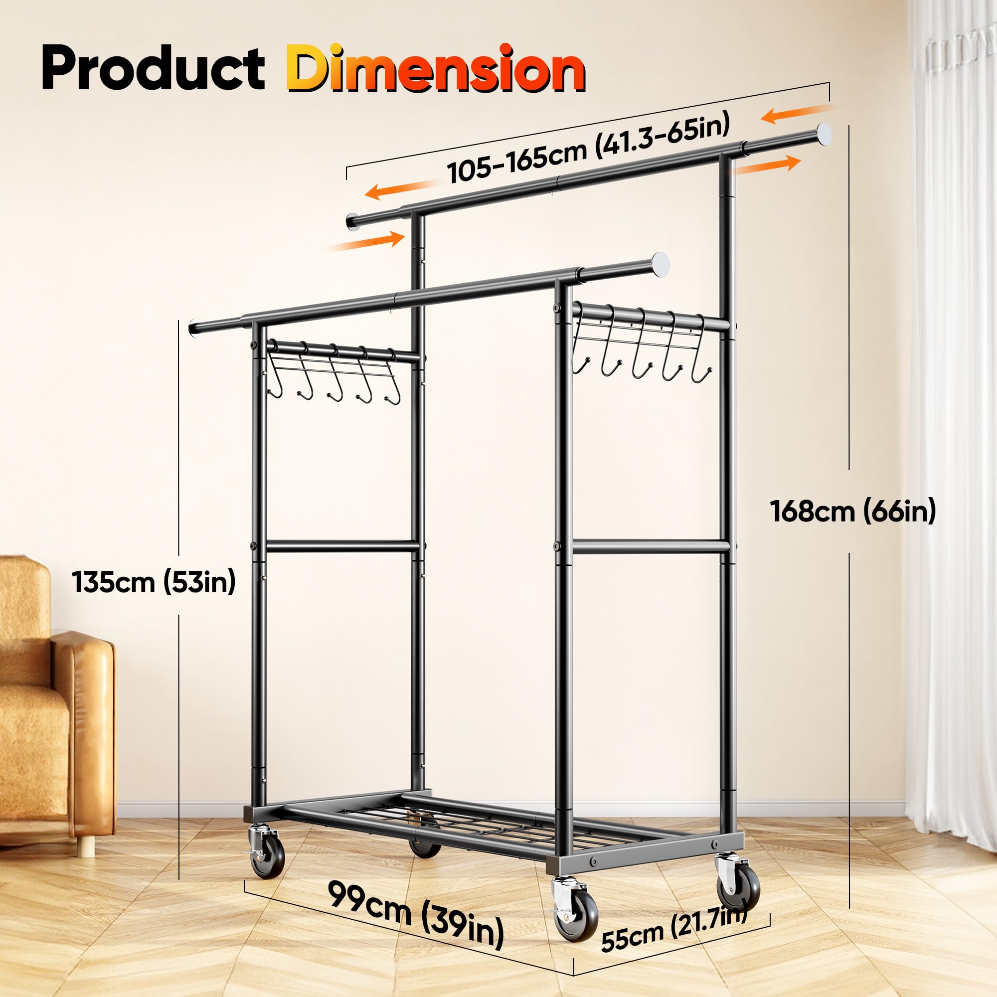 HOKEEPER - Perchero de doble barra, resistente, capacidad de 204 kg con ruedas y estantes, perchero portátil para dormitorio, lavandería, abrigos y prendas, color negro