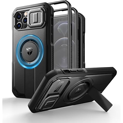 Dexnor for iPhone 12 & iPhone 12 Pro Case with Slide Camera Cover & Adjustable Kickstand & Built-in Screen Protector,Magsafe Rugged Shockproof Bumper Cases Heavy-Duty Magnetic Protective Cover,Black