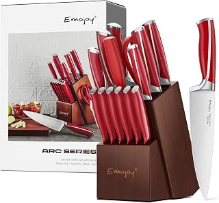 Knife Set, Emojoy 15 Piece Kitchen Knife Set with Block Wooden, German Stainless Steel Sharp Chef Knife Set with Sharpener, Dishwasher Safe and Rust Proof (kitchen knife set red)