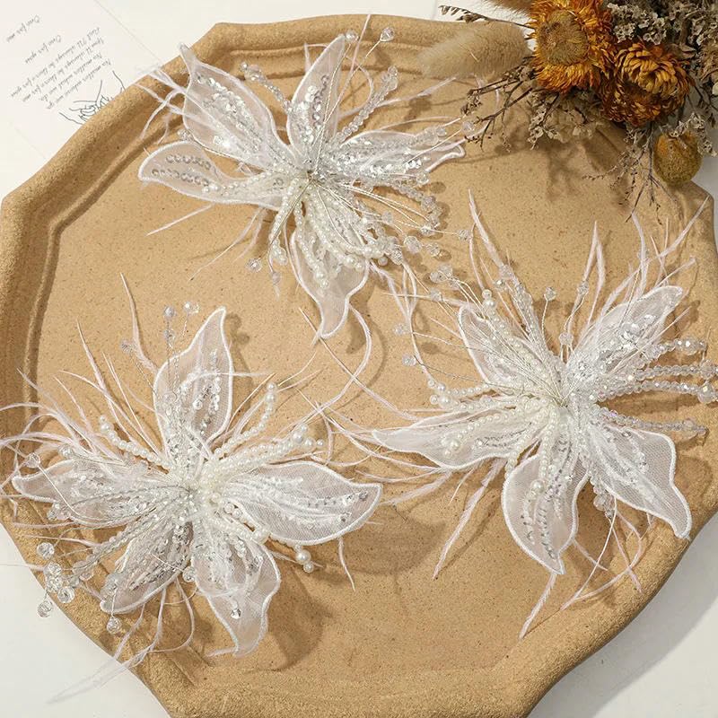 13 cm Chiffon c Fiori fatti a mano con piuma Fai da te Artigianato f Fermaglio per capelli in stoffa Compleanno matrimonio-Bianco-5 pezzi