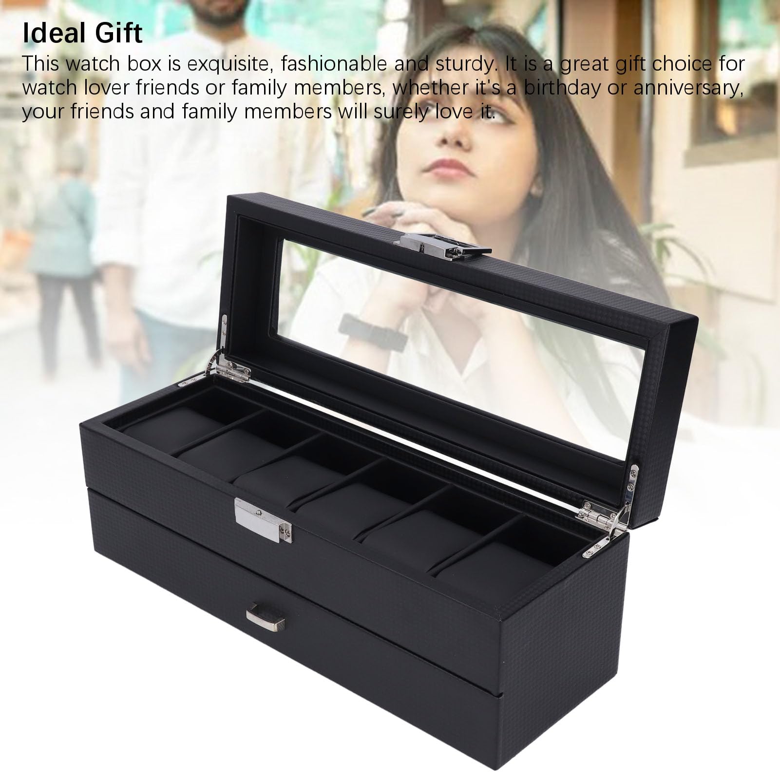 Vitrina de Reloj de 6 Ranuras con Cajón y Tapa de Vidrio Templado para Almacenamiento Organizado de Accesorios, Elegante Acabado de Cuero PU, Perfecto para el Hogar o Regalo