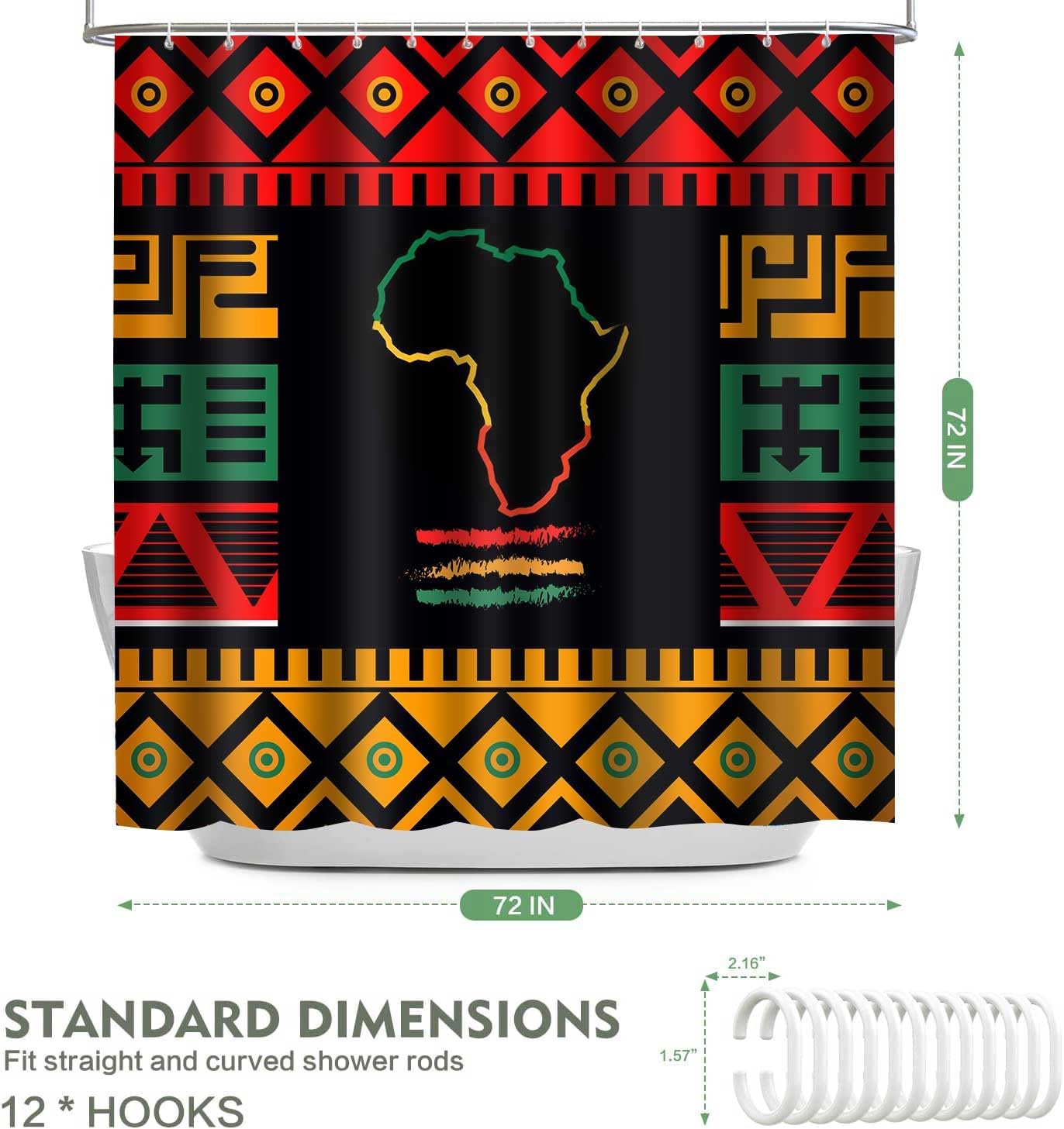African Shower Curtain, Map of Africa Black History Month Bathroom Shower Curtains, African Boho Ethnic Style Bathroom Curtains Decor Set with 12 Hooks 72x72inch YLOKTP0398